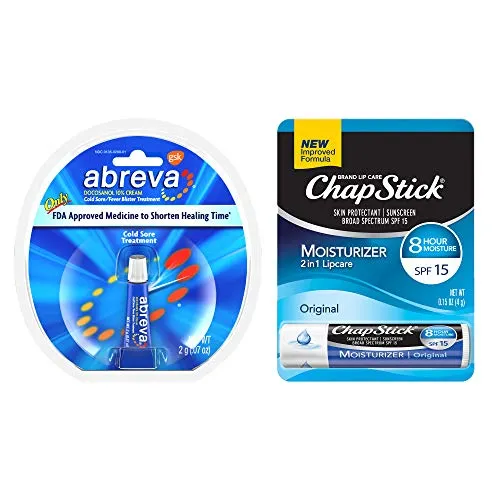 Abreva (Single 2g Tube) Cold Sore Healing Cream   Chapstick Moisturizer (1 Stick) Ultra-Hydrating Lip Balm Lip Care Package