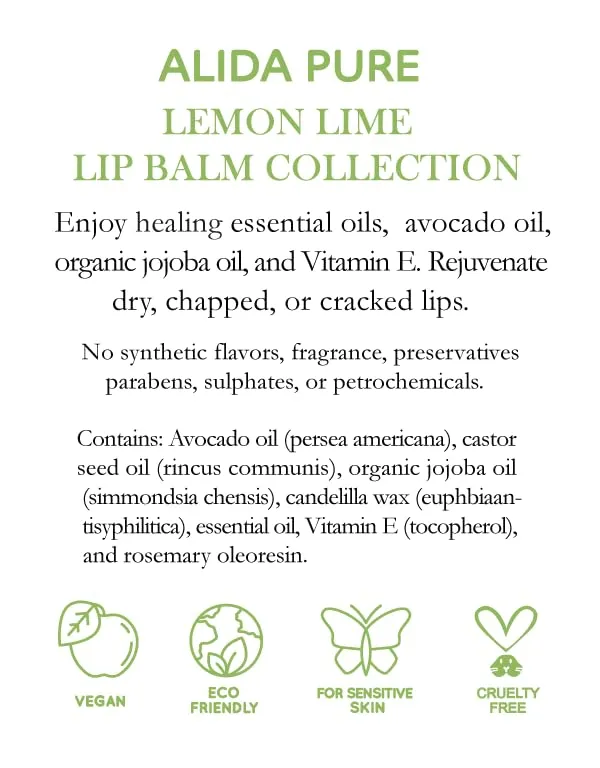ALIDA PURE Lemon Lime Lip Balm Collection, Vegan Lip Balm Set, Bees Wax Free, Avocado Oil, Organic Jojoba Oil, Vitamin E, Moisturizer For Dry Cracked Lips, 3 Tubes of Lip Balm per Set
