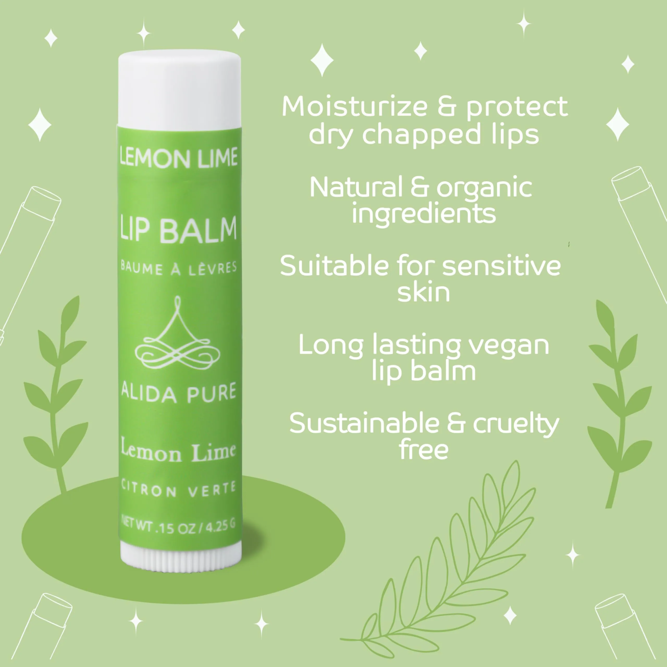 ALIDA PURE Lemon Lime Lip Balm Collection, Vegan Lip Balm Set, Bees Wax Free, Avocado Oil, Organic Jojoba Oil, Vitamin E, Moisturizer For Dry Cracked Lips, 3 Tubes of Lip Balm per Set