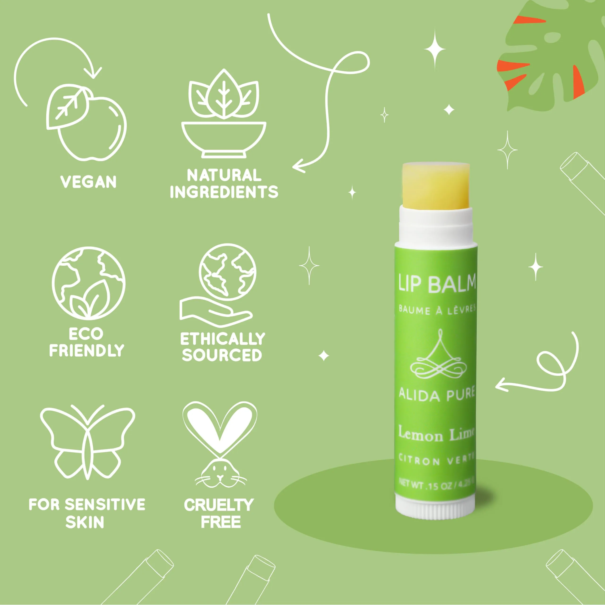 ALIDA PURE Lemon Lime Lip Balm Collection, Vegan Lip Balm Set, Bees Wax Free, Avocado Oil, Organic Jojoba Oil, Vitamin E, Moisturizer For Dry Cracked Lips, 3 Tubes of Lip Balm per Set
