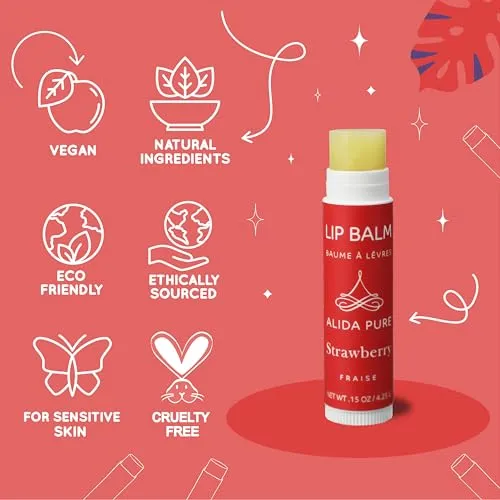ALIDA PURE Strawberry Lip Balm Collection, Vegan Lip Balm Set, Beeswax Free, with Avocado Oil, Organic Jojoba Oil, and Vitamin E, Natural Moisturizer for Dry, Chapped Lips, 3 Tube Set