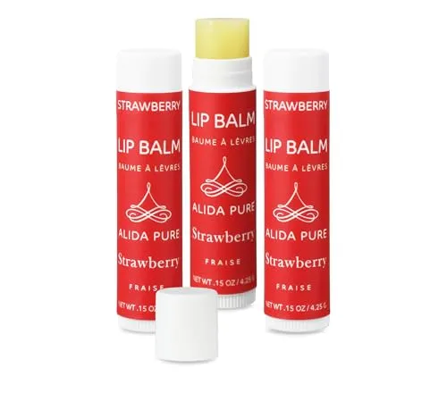 ALIDA PURE Strawberry Lip Balm Collection, Vegan Lip Balm Set, Beeswax Free, with Avocado Oil, Organic Jojoba Oil, and Vitamin E, Natural Moisturizer for Dry, Chapped Lips, 3 Tube Set