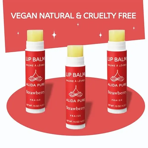 ALIDA PURE Strawberry Lip Balm Collection, Vegan Lip Balm Set, Beeswax Free, with Avocado Oil, Organic Jojoba Oil, and Vitamin E, Natural Moisturizer for Dry, Chapped Lips, 3 Tube Set