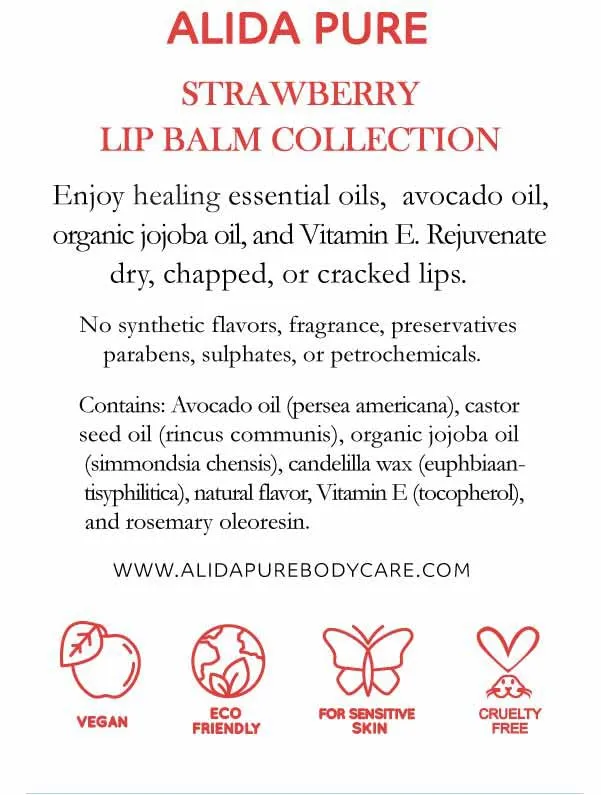 ALIDA PURE Strawberry Lip Balm Collection, Vegan Lip Balm Set, Beeswax Free, with Avocado Oil, Organic Jojoba Oil, and Vitamin E, Natural Moisturizer for Dry, Chapped Lips, 3 Tube Set