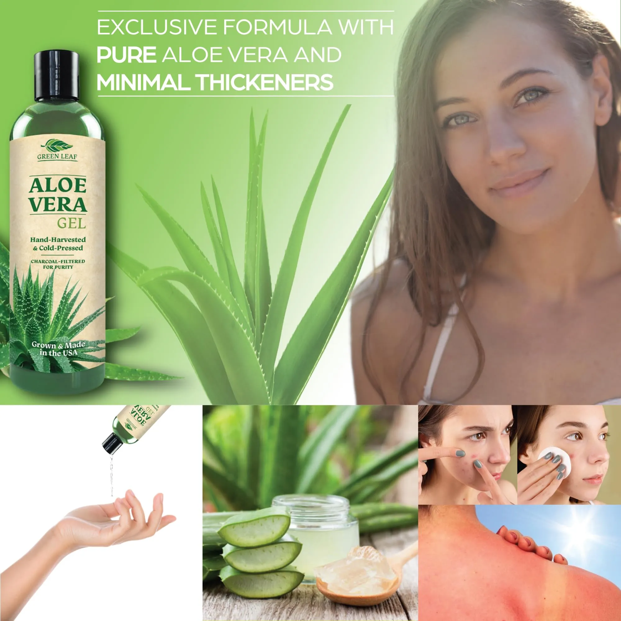 Aloe Vera Gel For Face & Hair Care, Freshly Cut 100% Pure Aloe - Premium Quality, USA Grown, Vegan, Unscented - Natural Sunburn Relief, Skin Care, Face & Hair Care
