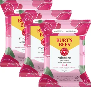 Rose Water Face Wipes, for All Skin Types, Hydrating Micellar Makeup Remover & Facial Cleansing Towelettes, 30 Ct (3-Pack)